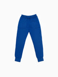 A pair of blue merino wool knit joggers with hand pockets and a tapered fit.